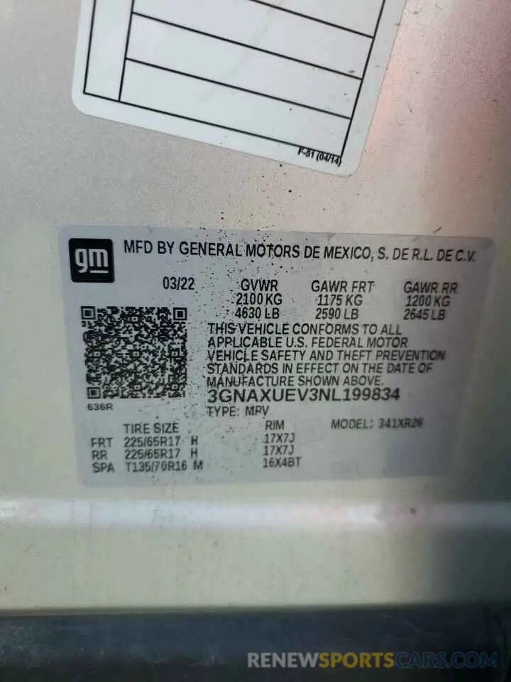 15 fotografías del automóvil dañado 3GNAXUEV3NL199834 CHEVROLET EQUINOX 2022