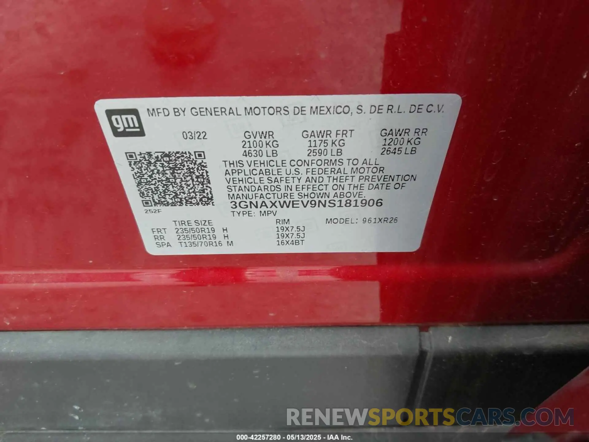 9 fotografías del automóvil dañado 3GNAXWEV9NS181906 CHEVROLET EQUINOX 2022