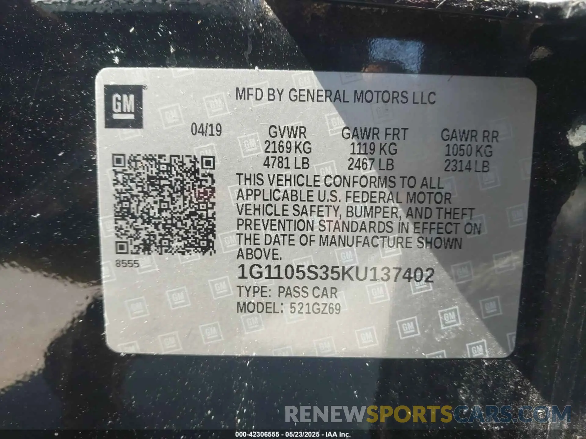 9 fotografías del automóvil dañado 1G1105S35KU137402 CHEVROLET IMPALA 2019