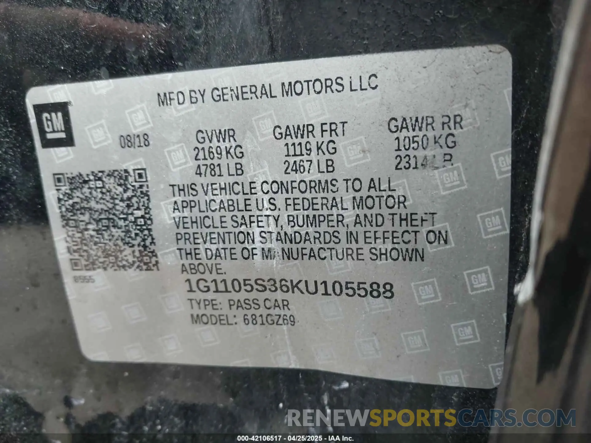 9 fotografías del automóvil dañado 1G1105S36KU105588 CHEVROLET IMPALA 2019