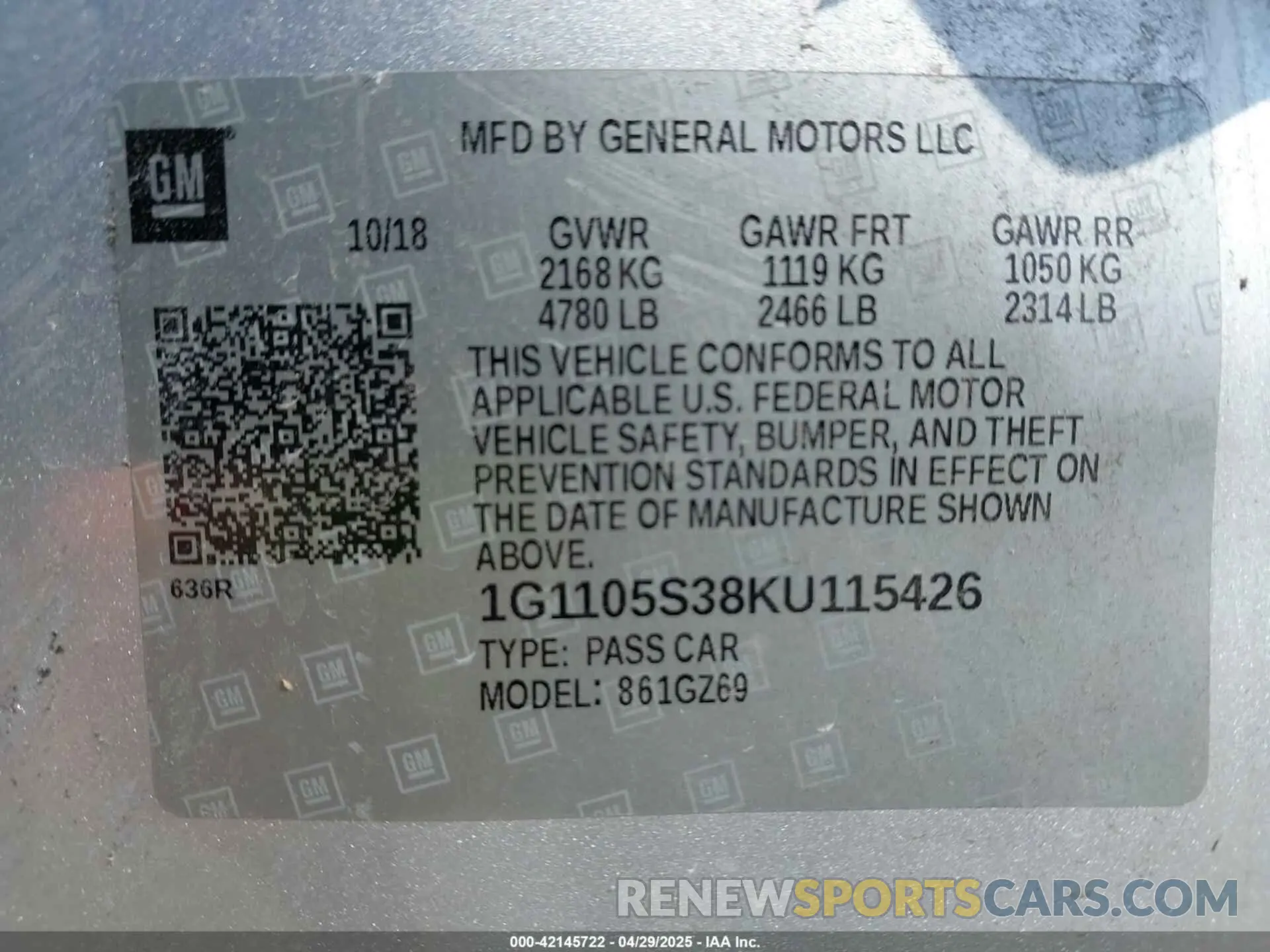 9 fotografías del automóvil dañado 1G1105S38KU115426 CHEVROLET IMPALA 2019