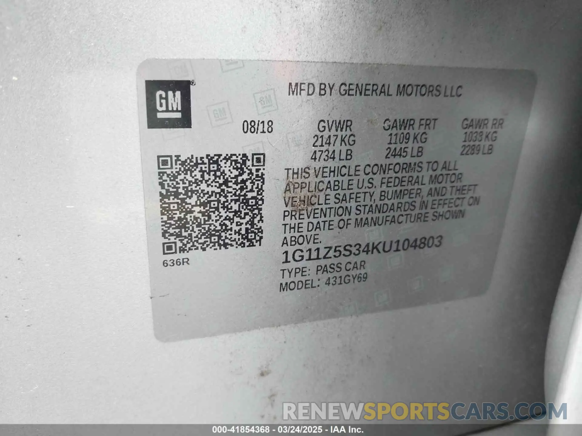 9 fotografías del automóvil dañado 1G11Z5S34KU104803 CHEVROLET IMPALA 2019