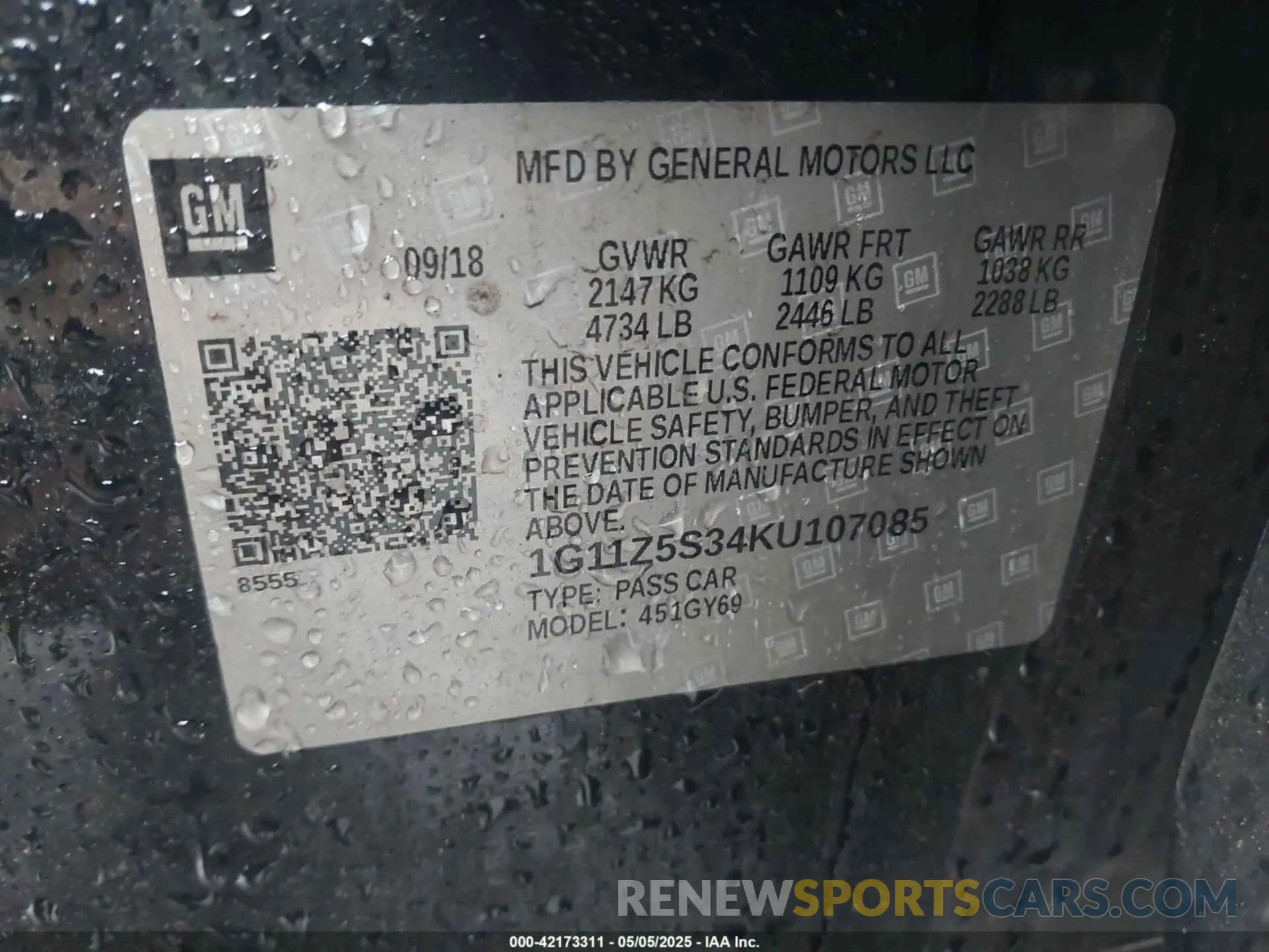 9 fotografías del automóvil dañado 1G11Z5S34KU107085 CHEVROLET IMPALA 2019