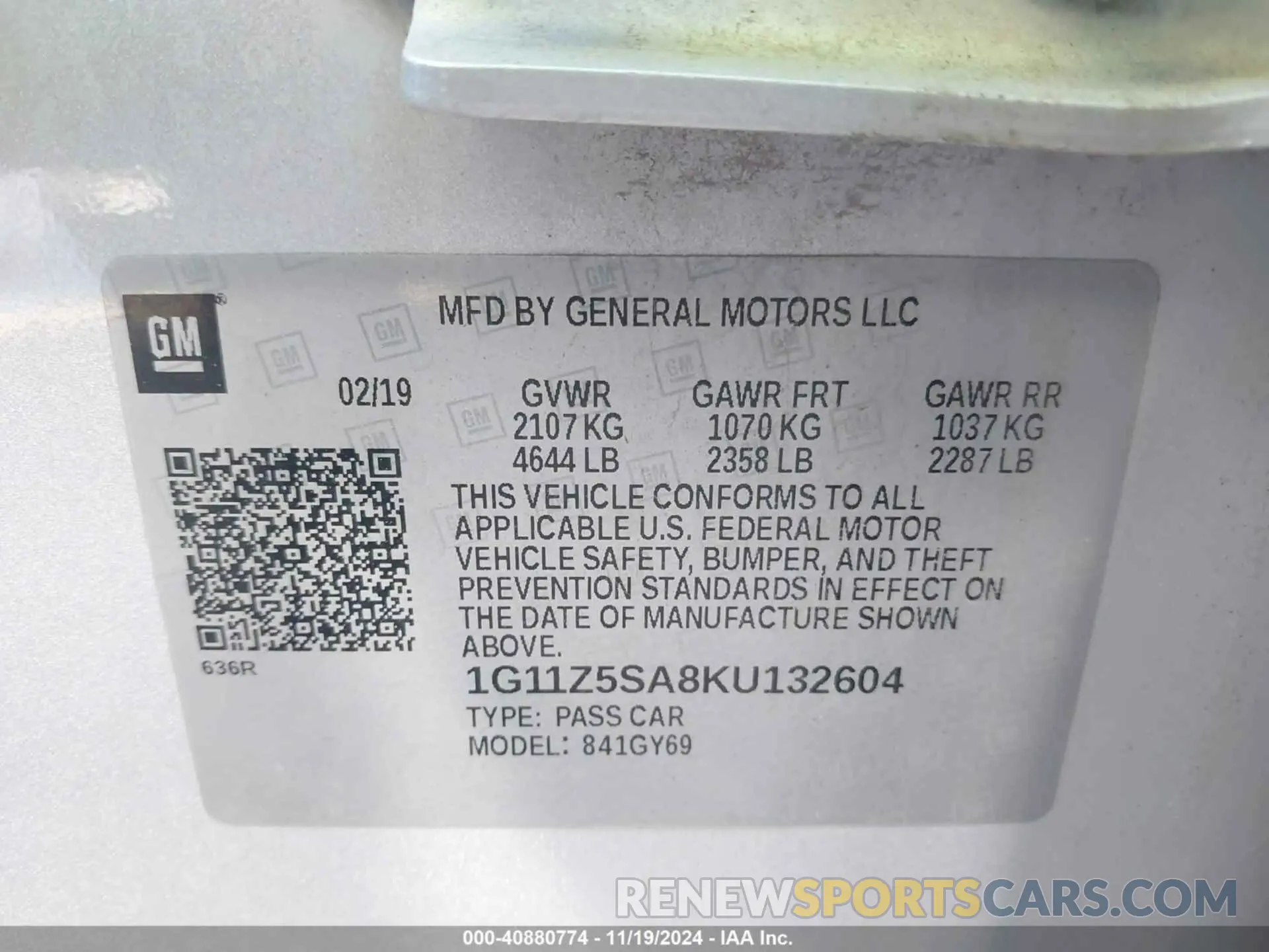 9 fotografías del automóvil dañado 1G11Z5SA8KU132604 CHEVROLET IMPALA 2019