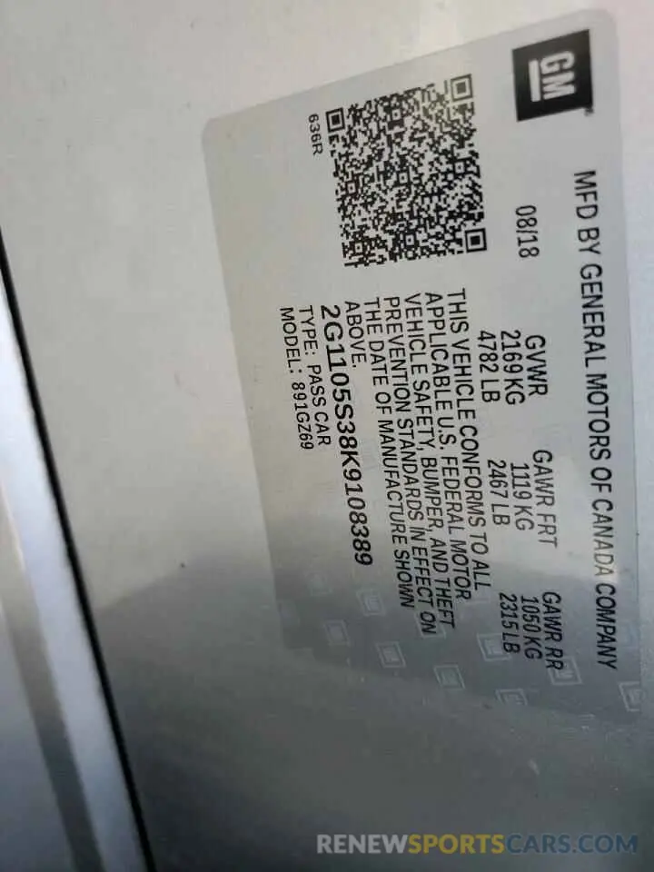 12 fotografías del automóvil dañado 2G1105S38K9108389 CHEVROLET IMPALA 2019
