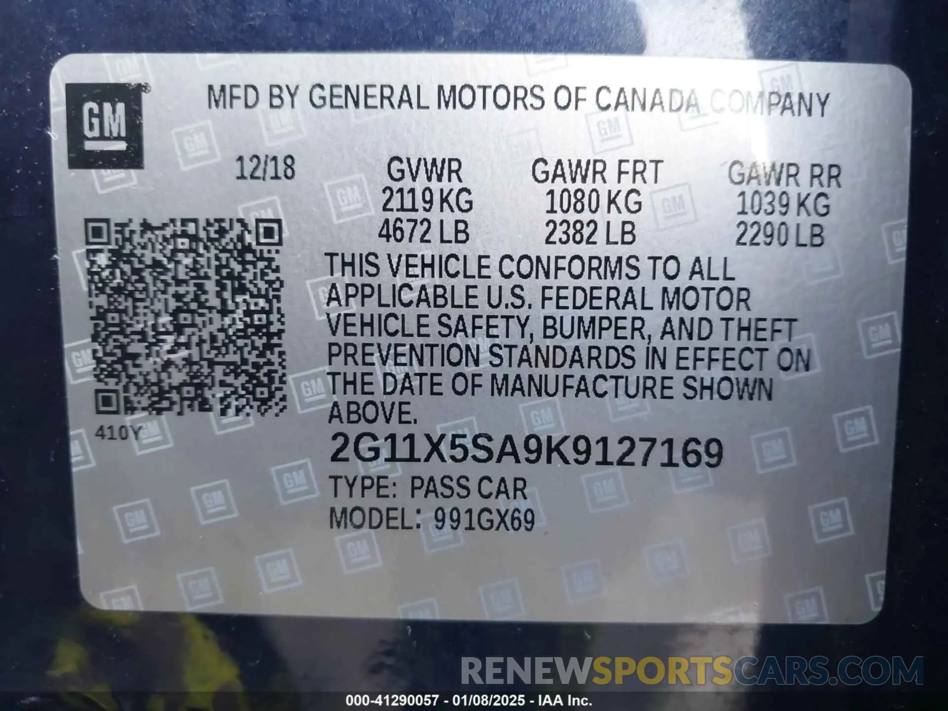 9 fotografías del automóvil dañado 2G11X5SA9K9127169 CHEVROLET IMPALA 2019