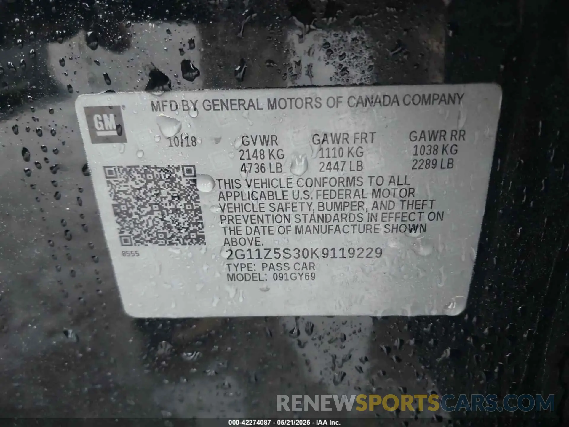 9 fotografías del automóvil dañado 2G11Z5S30K9119229 CHEVROLET IMPALA 2019