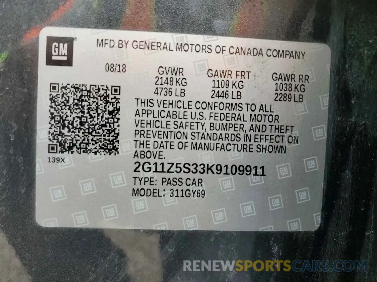 13 fotografías del automóvil dañado 2G11Z5S33K9109911 CHEVROLET IMPALA 2019