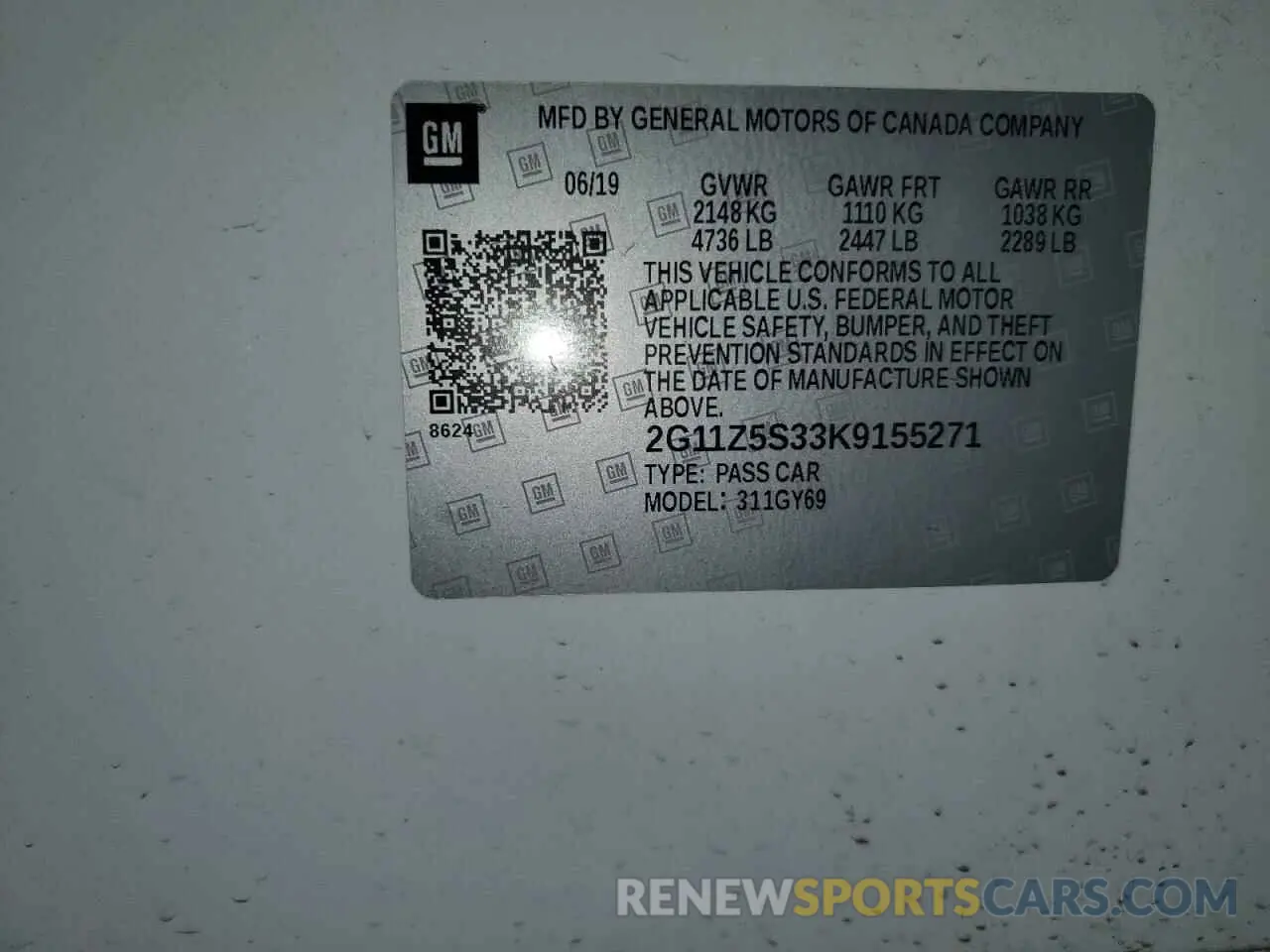 15 fotografías del automóvil dañado 2G11Z5S33K9155271 CHEVROLET IMPALA 2019