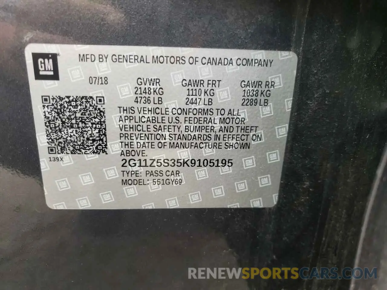 12 fotografías del automóvil dañado 2G11Z5S35K9105195 CHEVROLET IMPALA 2019
