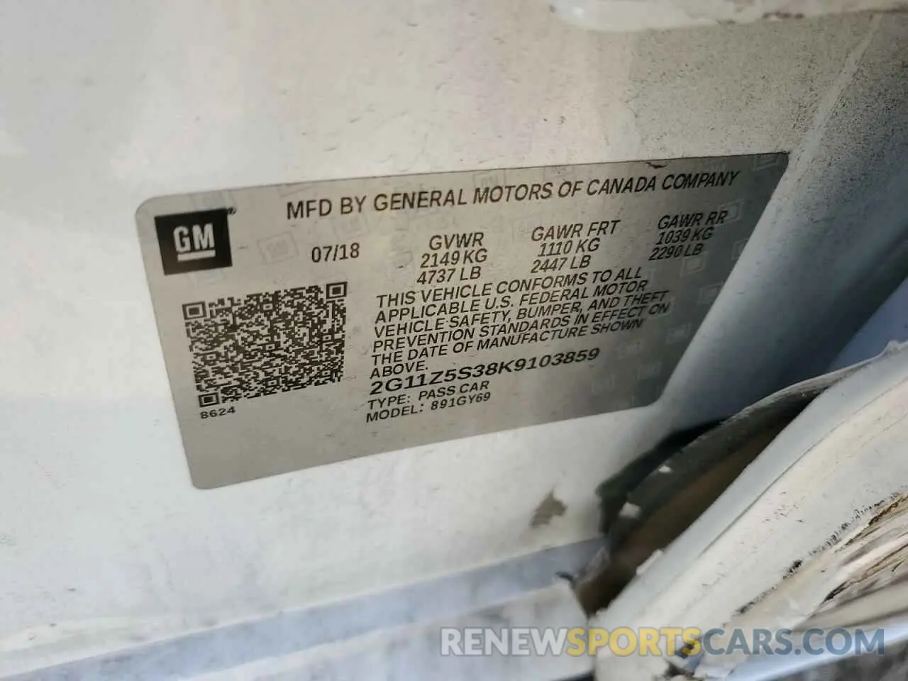 12 fotografías del automóvil dañado 2G11Z5S38K9103859 CHEVROLET IMPALA 2019