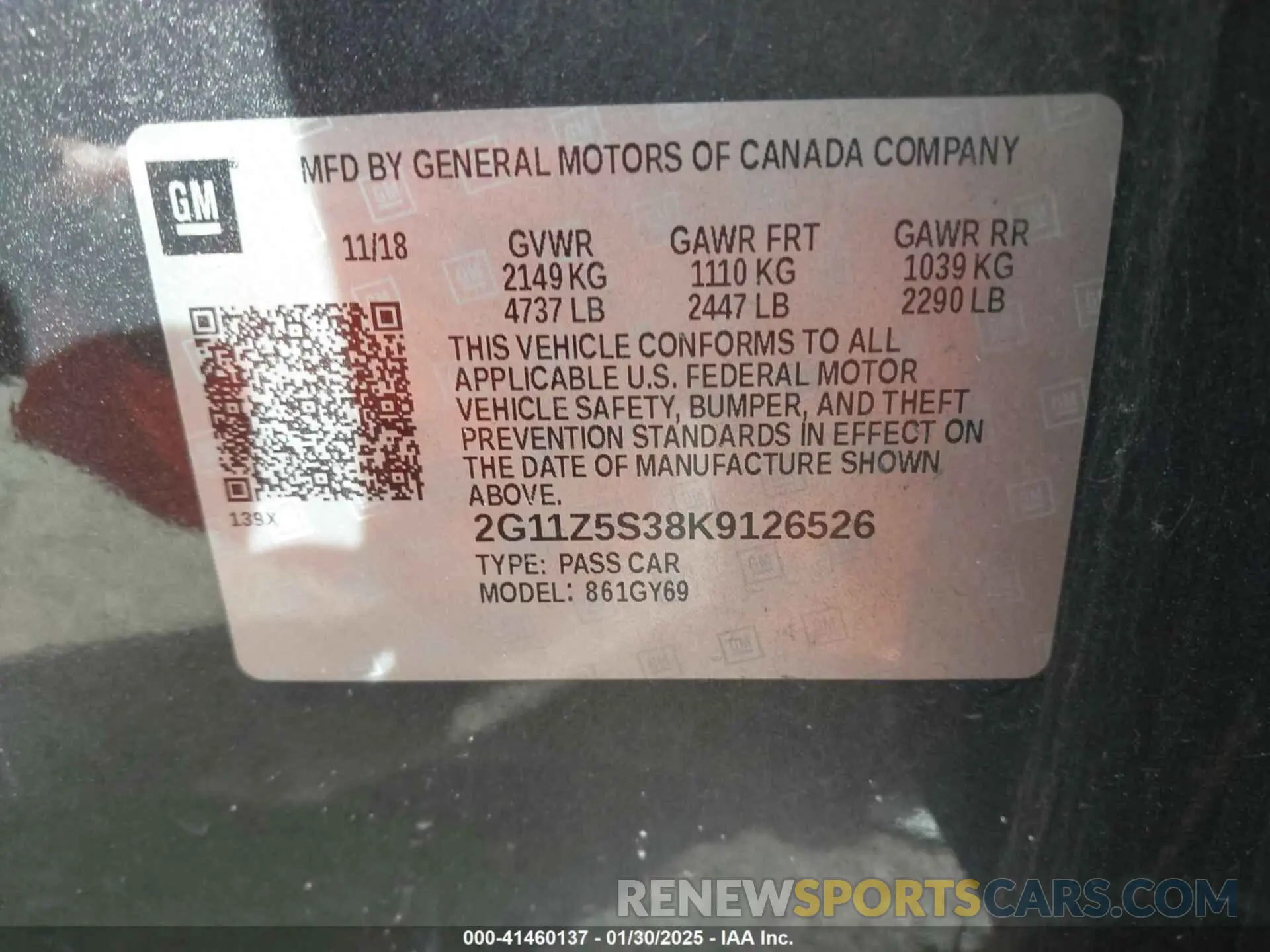 9 fotografías del automóvil dañado 2G11Z5S38K9126526 CHEVROLET IMPALA 2019