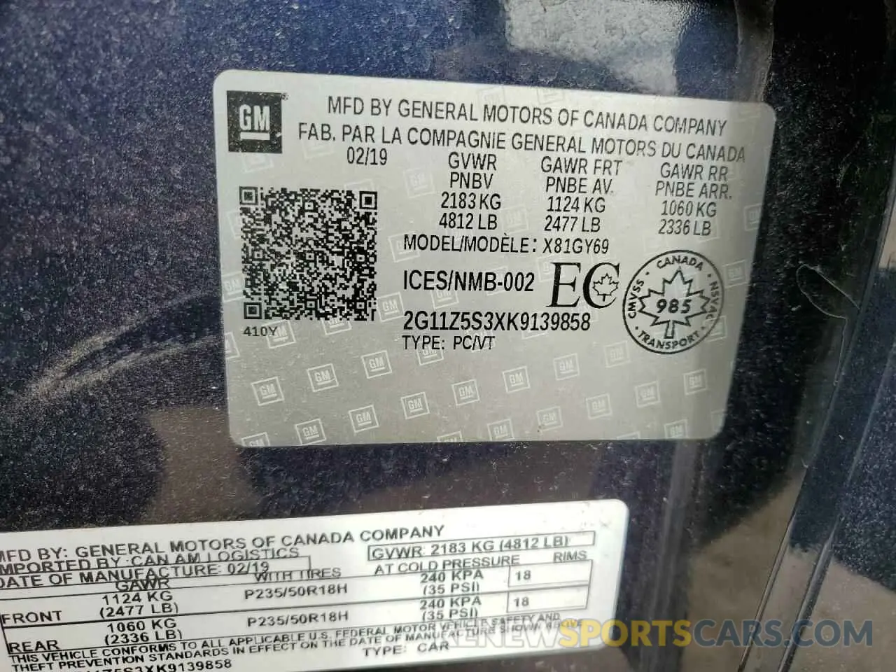 12 fotografías del automóvil dañado 2G11Z5S3XK9139858 CHEVROLET IMPALA 2019