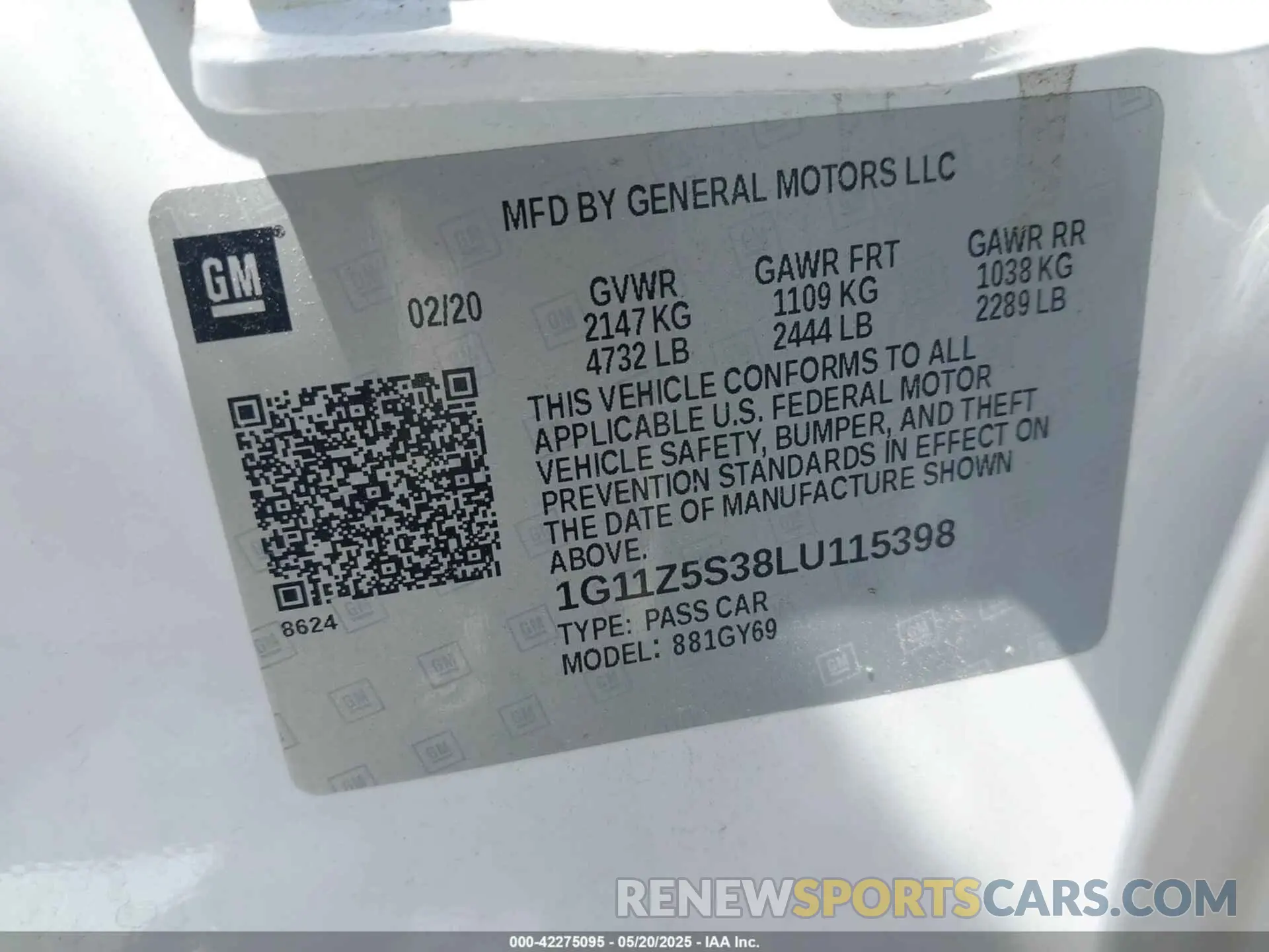 9 fotografías del automóvil dañado 1G11Z5S38LU115398 CHEVROLET IMPALA 2020