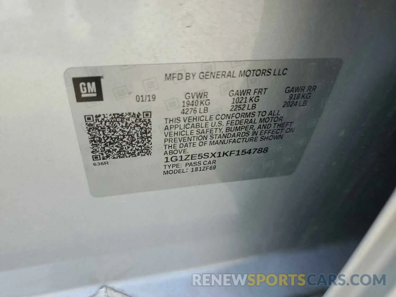 12 fotografías del automóvil dañado 1G1ZE5SX1KF154788 CHEVROLET MALIBU 2019