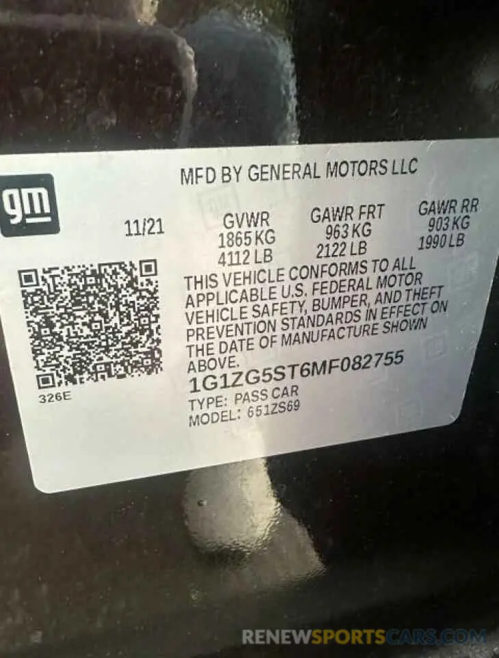 10 fotografías del automóvil dañado 1G1ZG5ST6MF082755 CHEVROLET MALIBU 2021