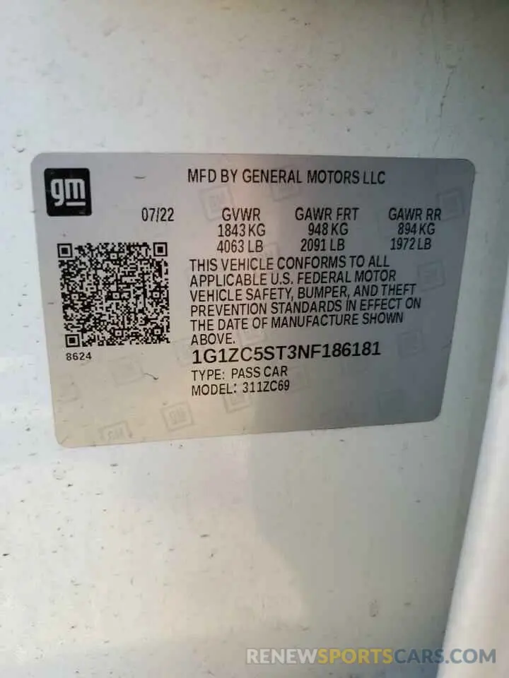 12 fotografías del automóvil dañado 1G1ZC5ST3NF186181 CHEVROLET MALIBU 2022