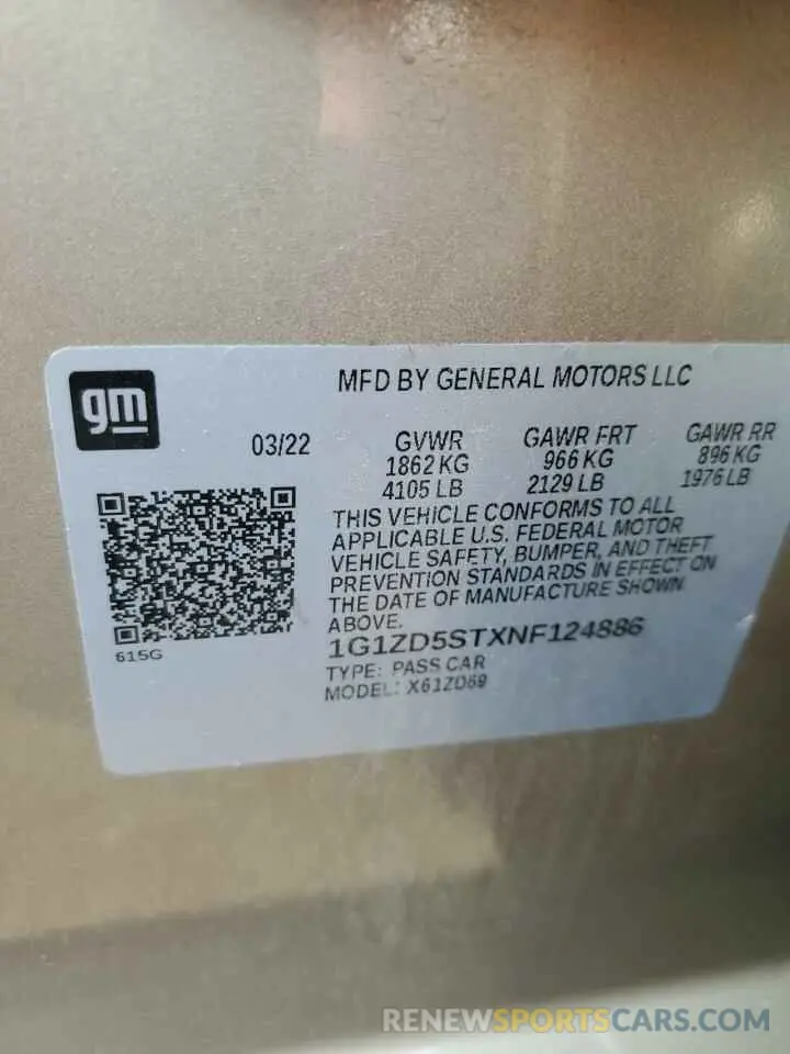 12 fotografías del automóvil dañado 1G1ZD5STXNF124886 CHEVROLET MALIBU 2022