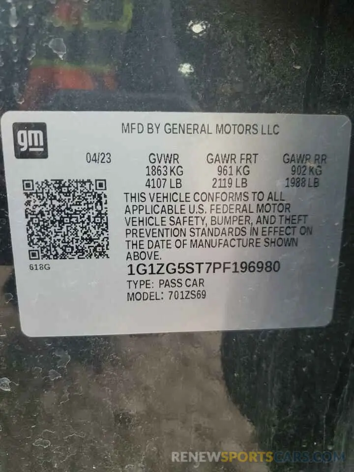 12 fotografías del automóvil dañado 1G1ZG5ST7PF196980 CHEVROLET MALIBU 2023