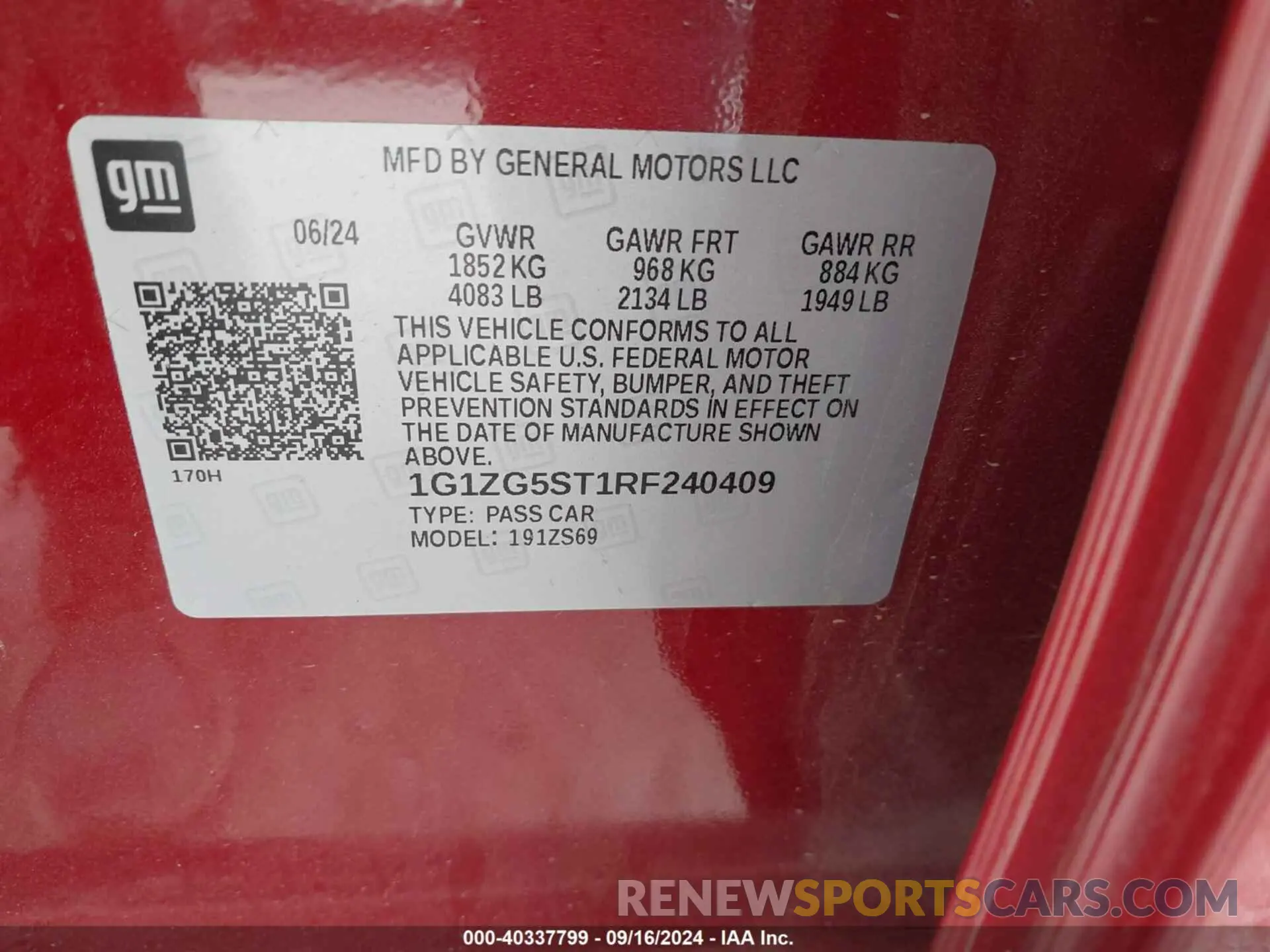 9 fotografías del automóvil dañado 1G1ZG5ST1RF240409 CHEVROLET MALIBU 2024