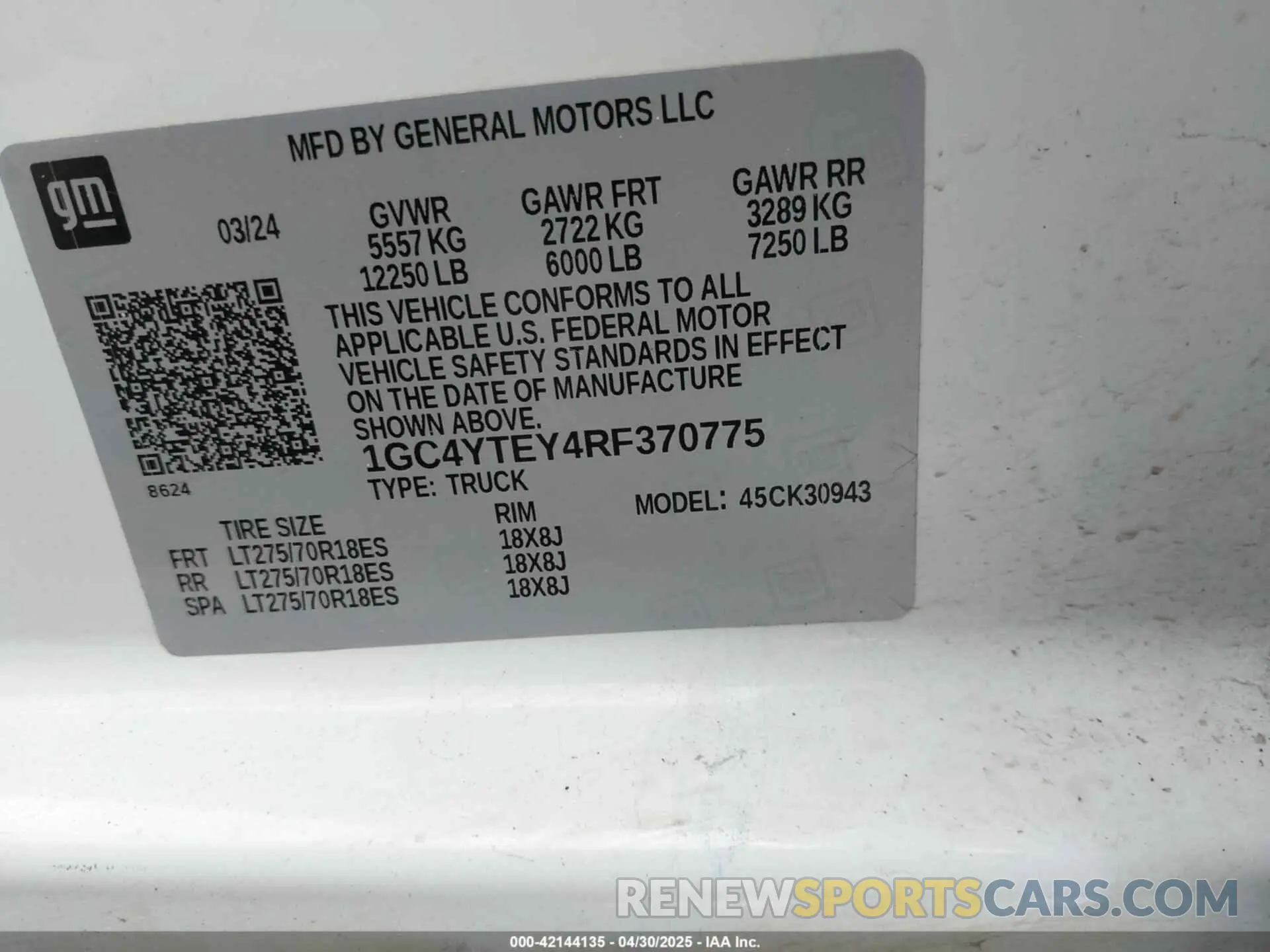 8 fotografías del automóvil dañado 1GC4YTEY4RF370775 CHEVROLET SILVERADO 3500HD 2024