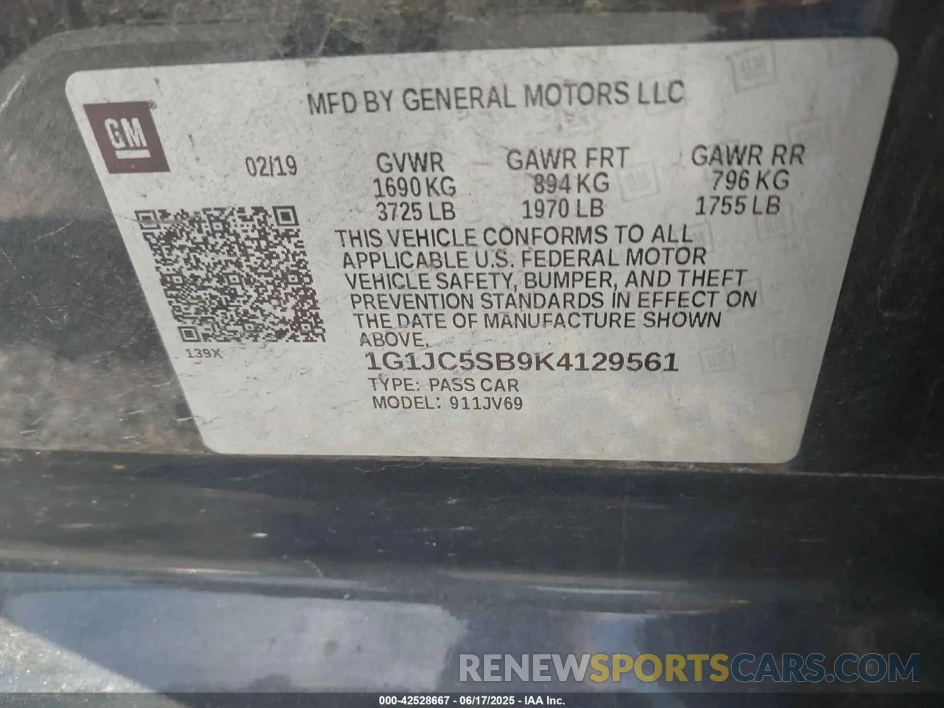 9 fotografías del automóvil dañado 1G1JC5SB9K4129561 CHEVROLET SONIC 2019