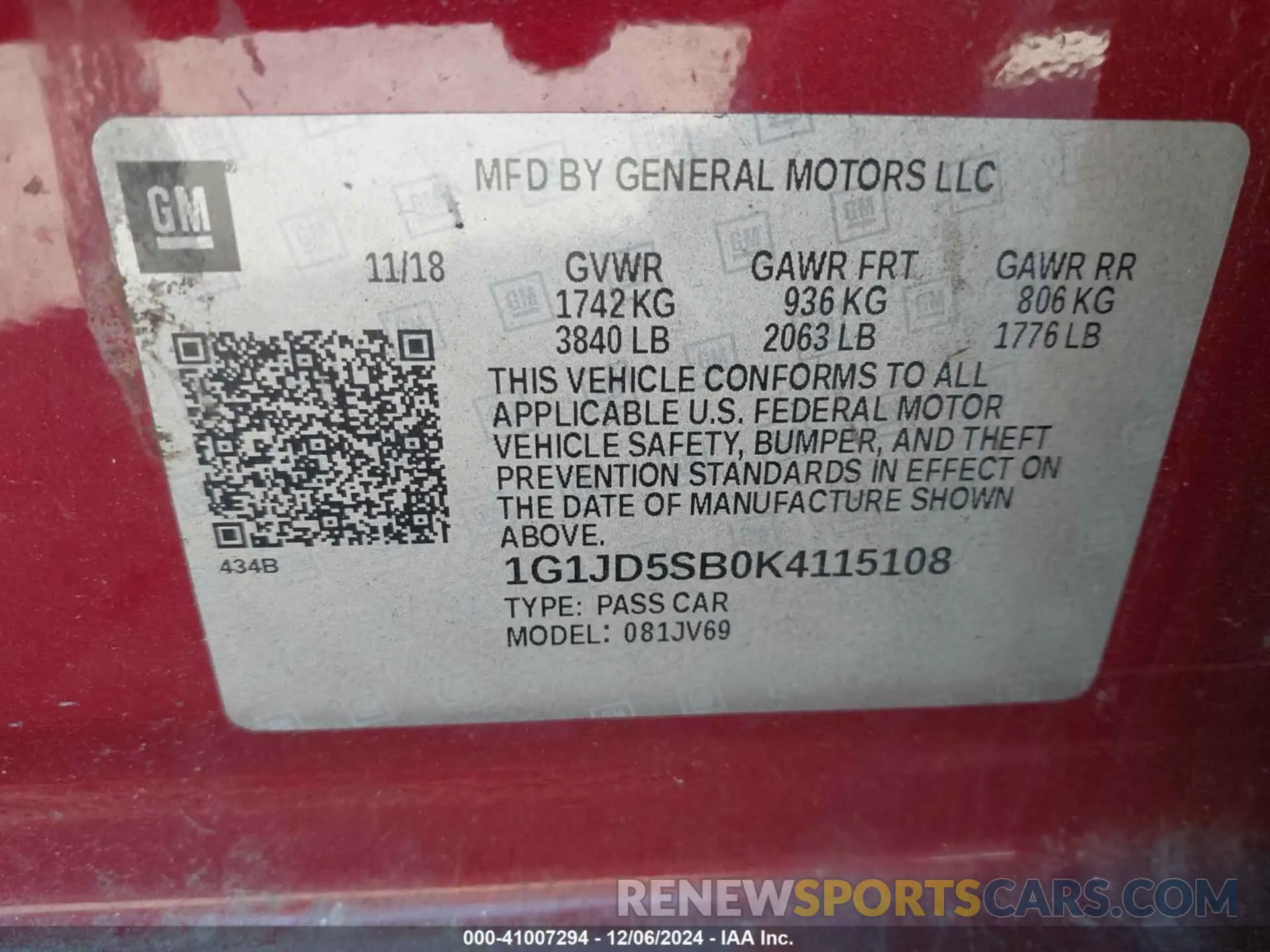 9 fotografías del automóvil dañado 1G1JD5SB0K4115108 CHEVROLET SONIC 2019
