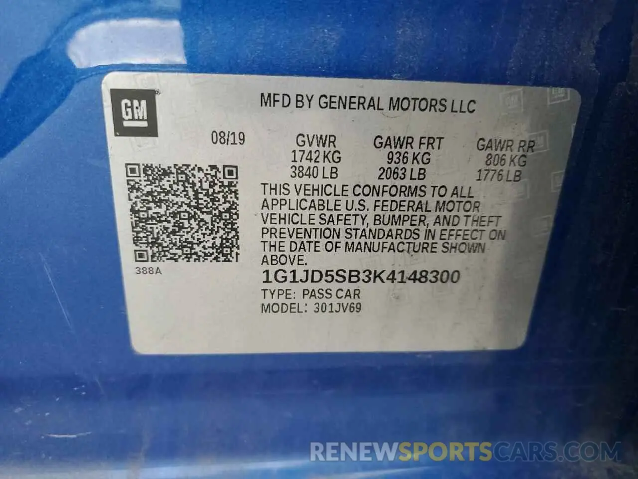 12 fotografías del automóvil dañado 1G1JD5SB3K4148300 CHEVROLET SONIC 2019