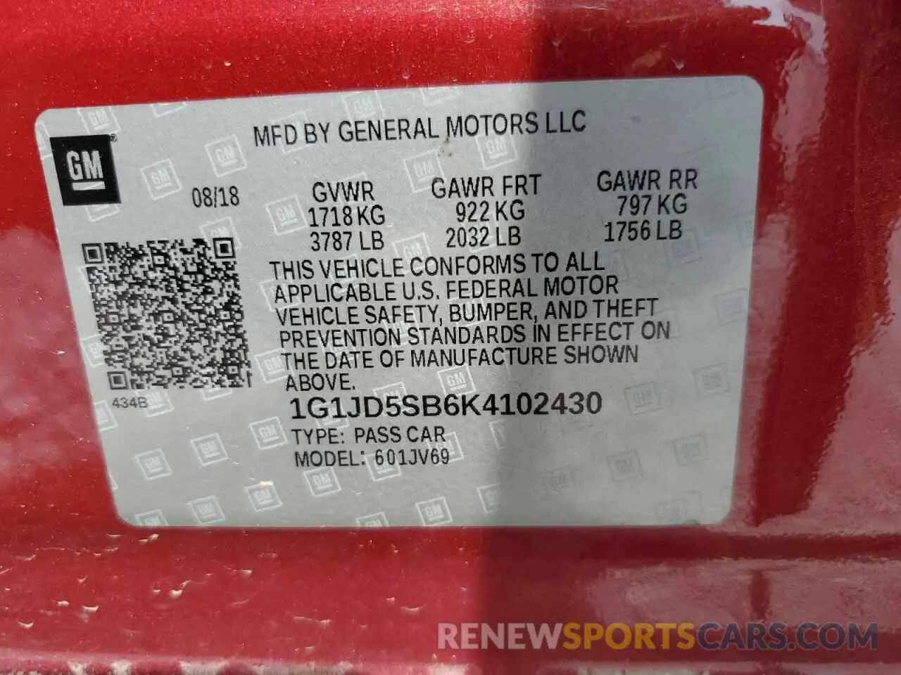 12 fotografías del automóvil dañado 1G1JD5SB6K4102430 CHEVROLET SONIC 2019