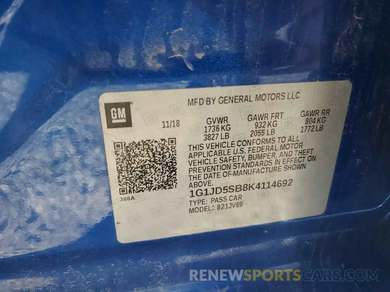 12 fotografías del automóvil dañado 1G1JD5SB8K4114692 CHEVROLET SONIC 2019