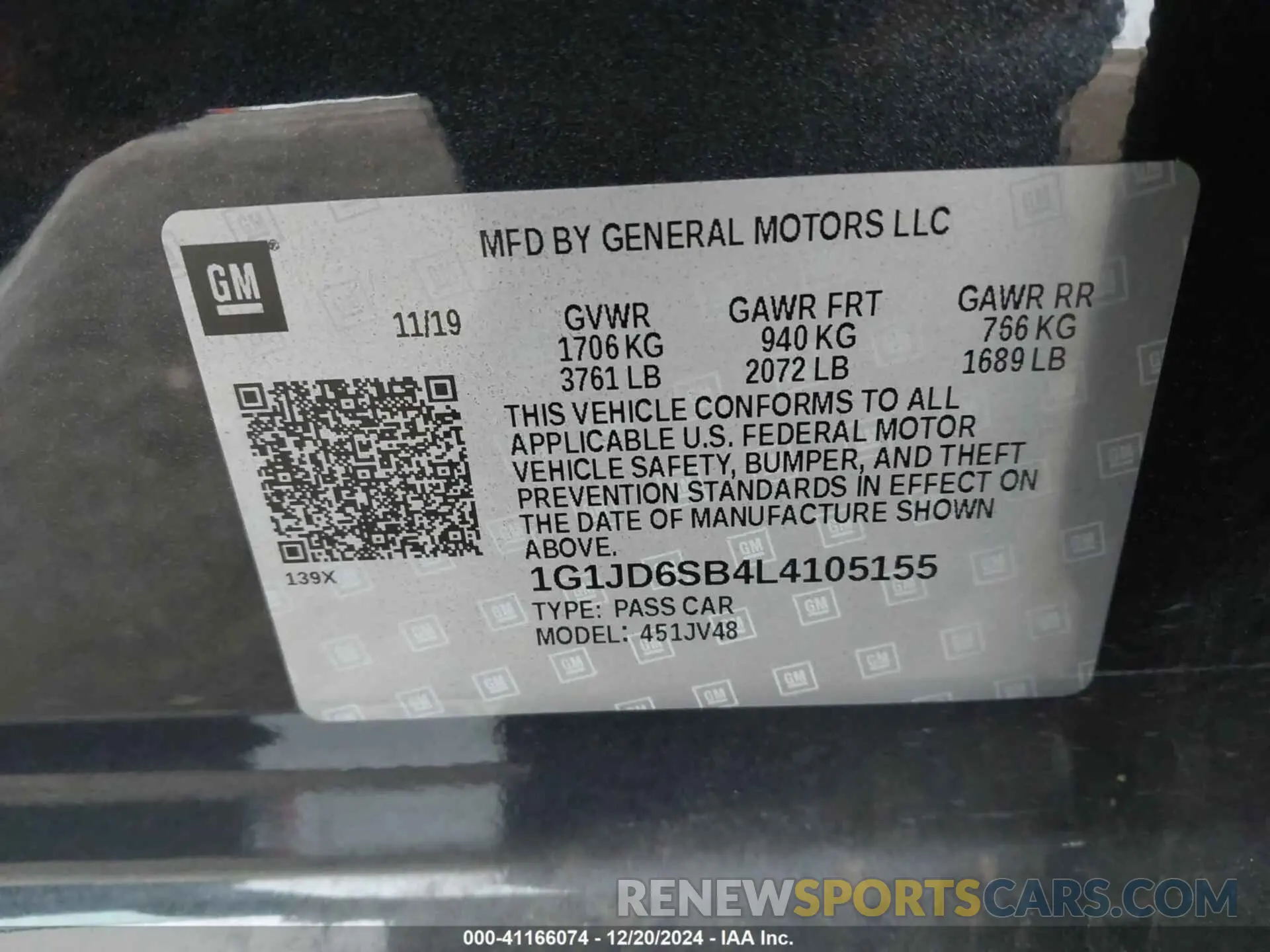 9 fotografías del automóvil dañado 1G1JD6SB4L4105155 CHEVROLET SONIC 2020