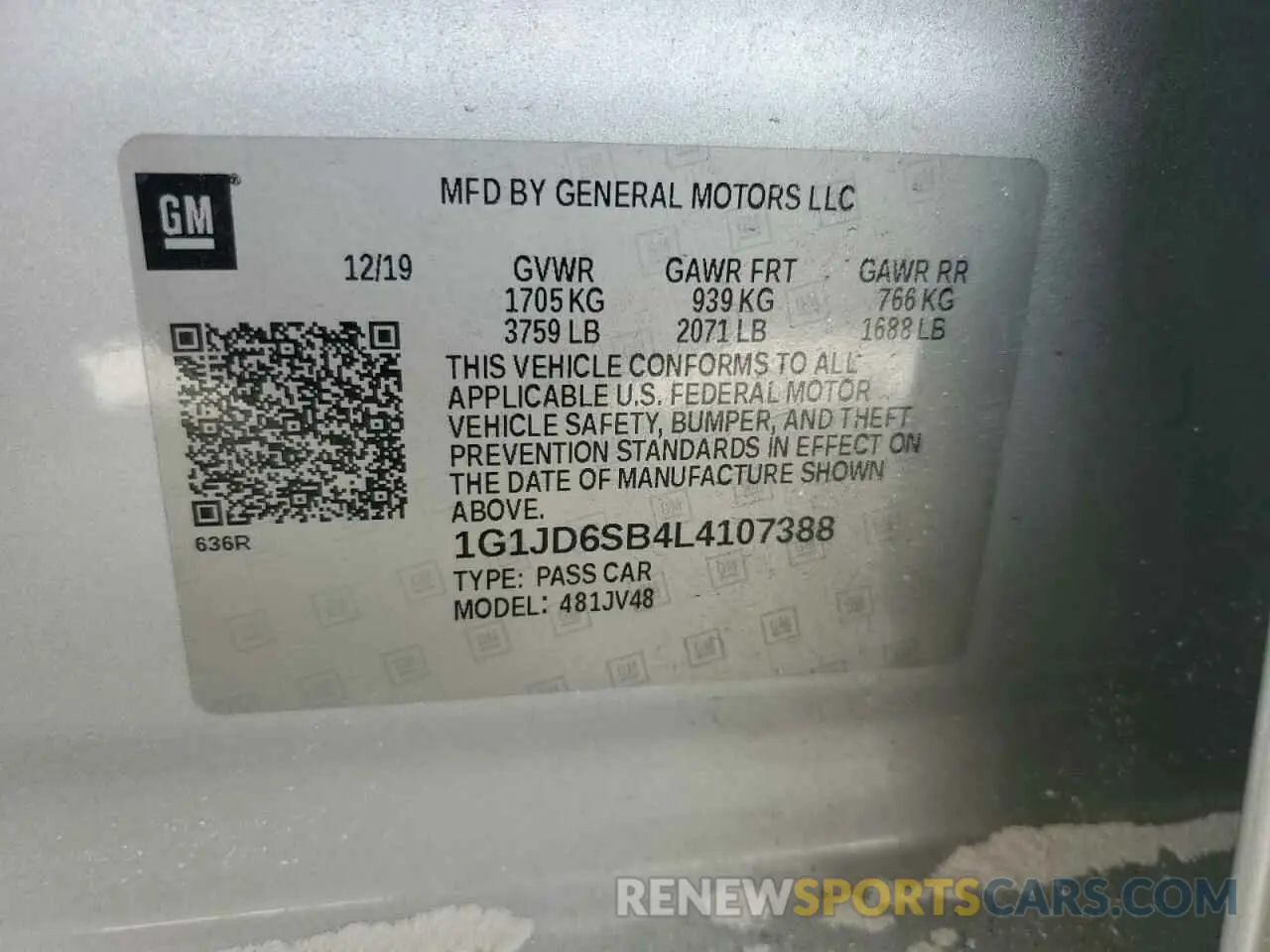 12 fotografías del automóvil dañado 1G1JD6SB4L4107388 CHEVROLET SONIC 2020