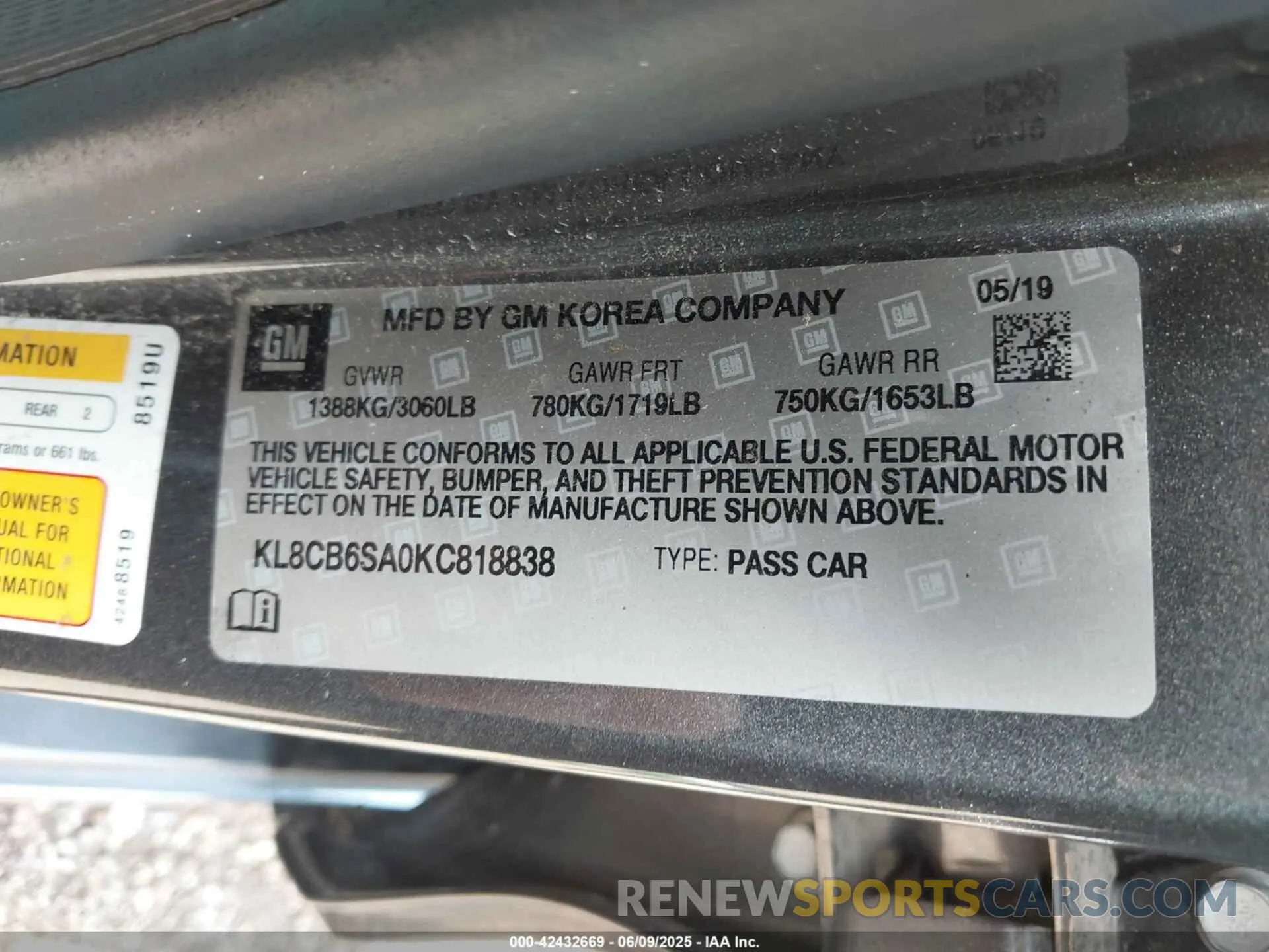 9 fotografías del automóvil dañado KL8CB6SA0KC818838 CHEVROLET SPARK 2019