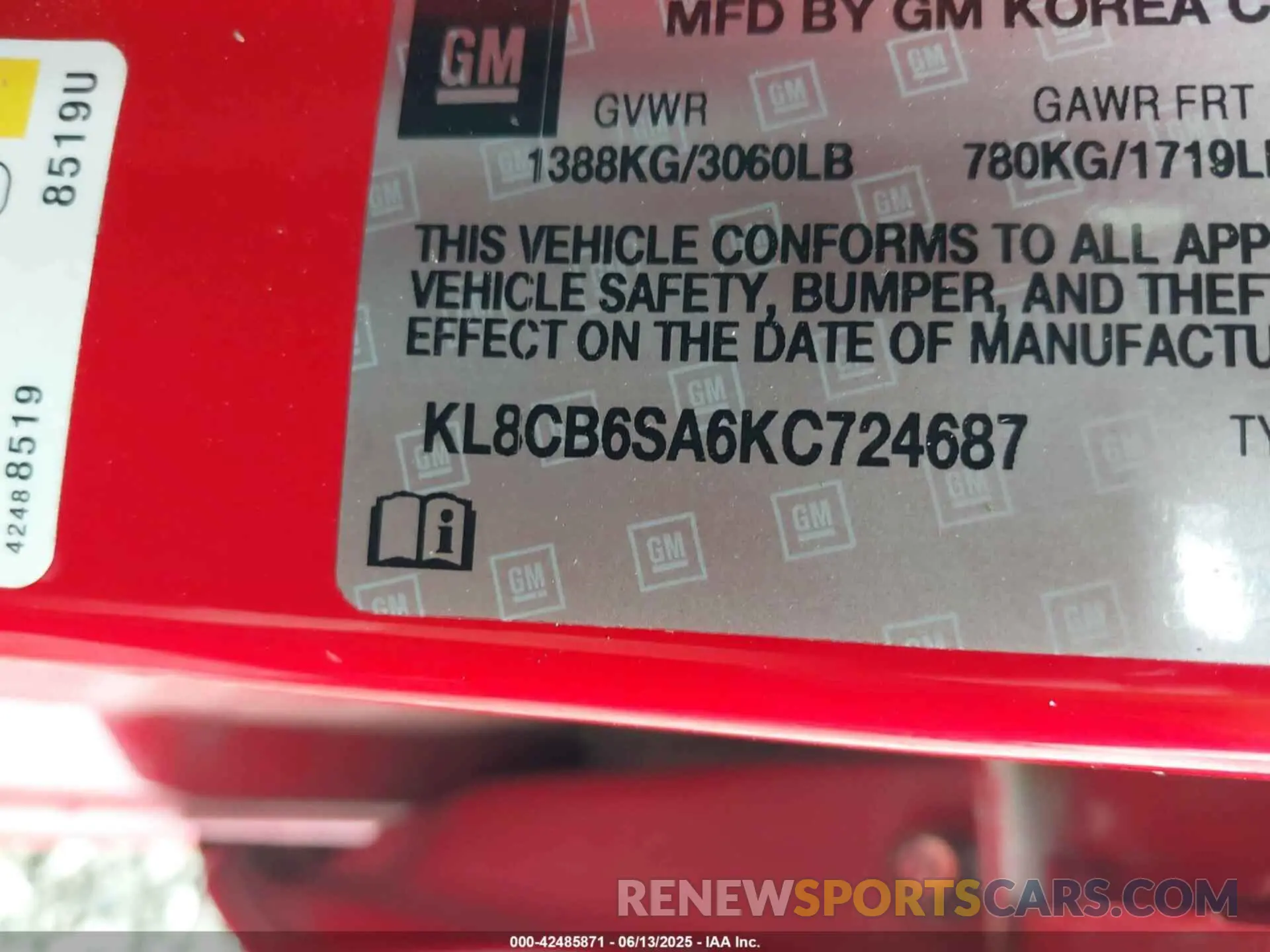 9 fotografías del automóvil dañado KL8CB6SA6KC724687 CHEVROLET SPARK 2019