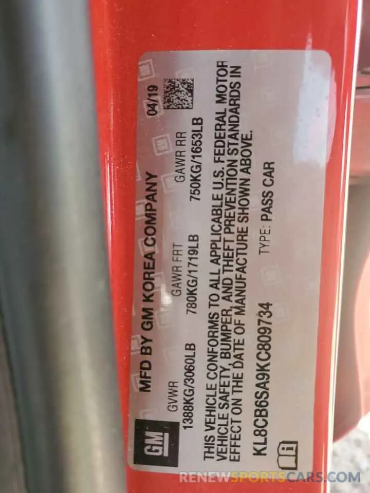 12 fotografías del automóvil dañado KL8CB6SA9KC809734 CHEVROLET SPARK 2019