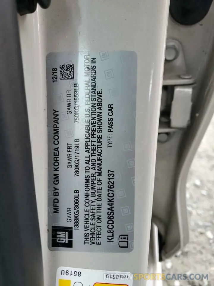 14 fotografías del automóvil dañado KL8CD6SA4KC762137 CHEVROLET SPARK 2019