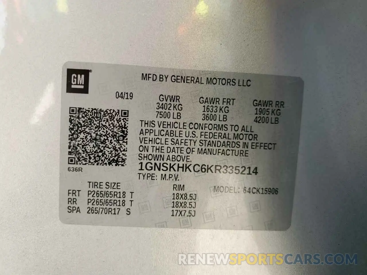 14 fotografías del automóvil dañado 1GNSKHKC6KR335214 CHEVROLET SUBURBAN 2019