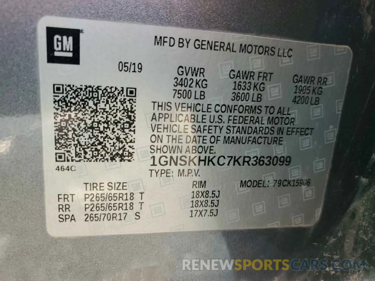 13 fotografías del automóvil dañado 1GNSKHKC7KR363099 CHEVROLET SUBURBAN 2019