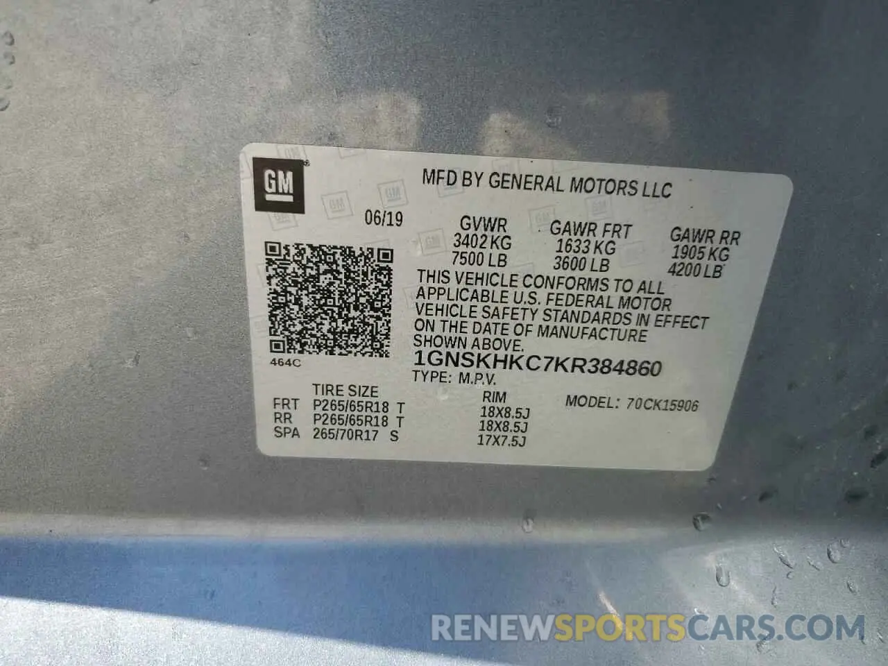 14 fotografías del automóvil dañado 1GNSKHKC7KR384860 CHEVROLET SUBURBAN 2019