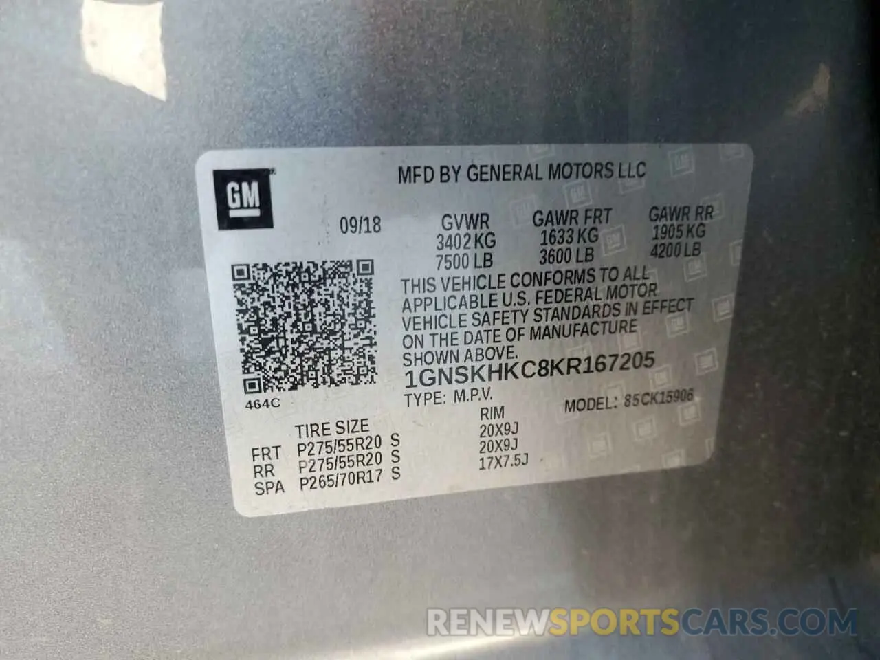 16 fotografías del automóvil dañado 1GNSKHKC8KR167205 CHEVROLET SUBURBAN 2019