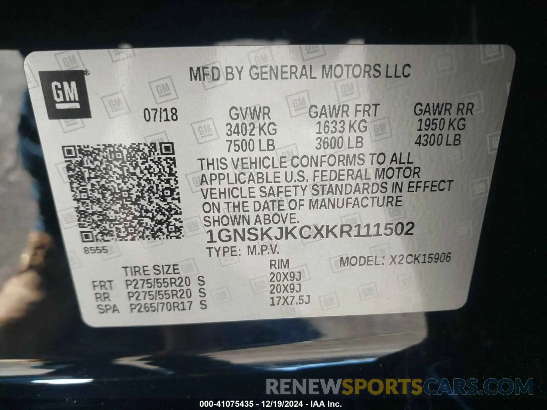 9 fotografías del automóvil dañado 1GNSKJKCXKR111502 CHEVROLET SUBURBAN 2019
