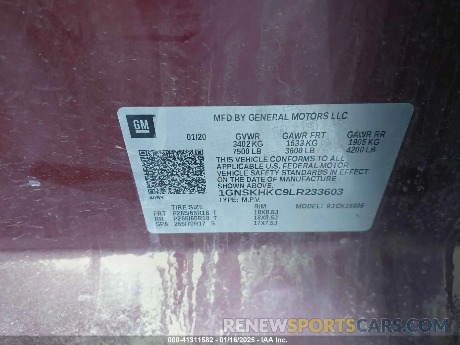 9 fotografías del automóvil dañado 1GNSKHKC9LR233603 CHEVROLET SUBURBAN 2020