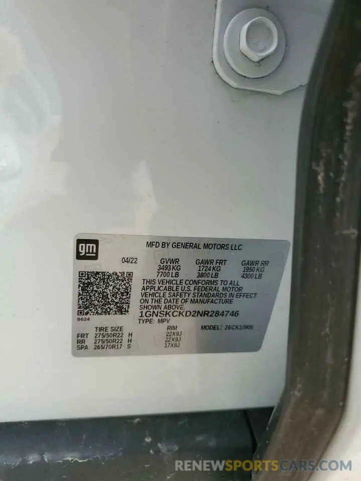 13 fotografías del automóvil dañado 1GNSKCKD2NR284746 CHEVROLET SUBURBAN 2022