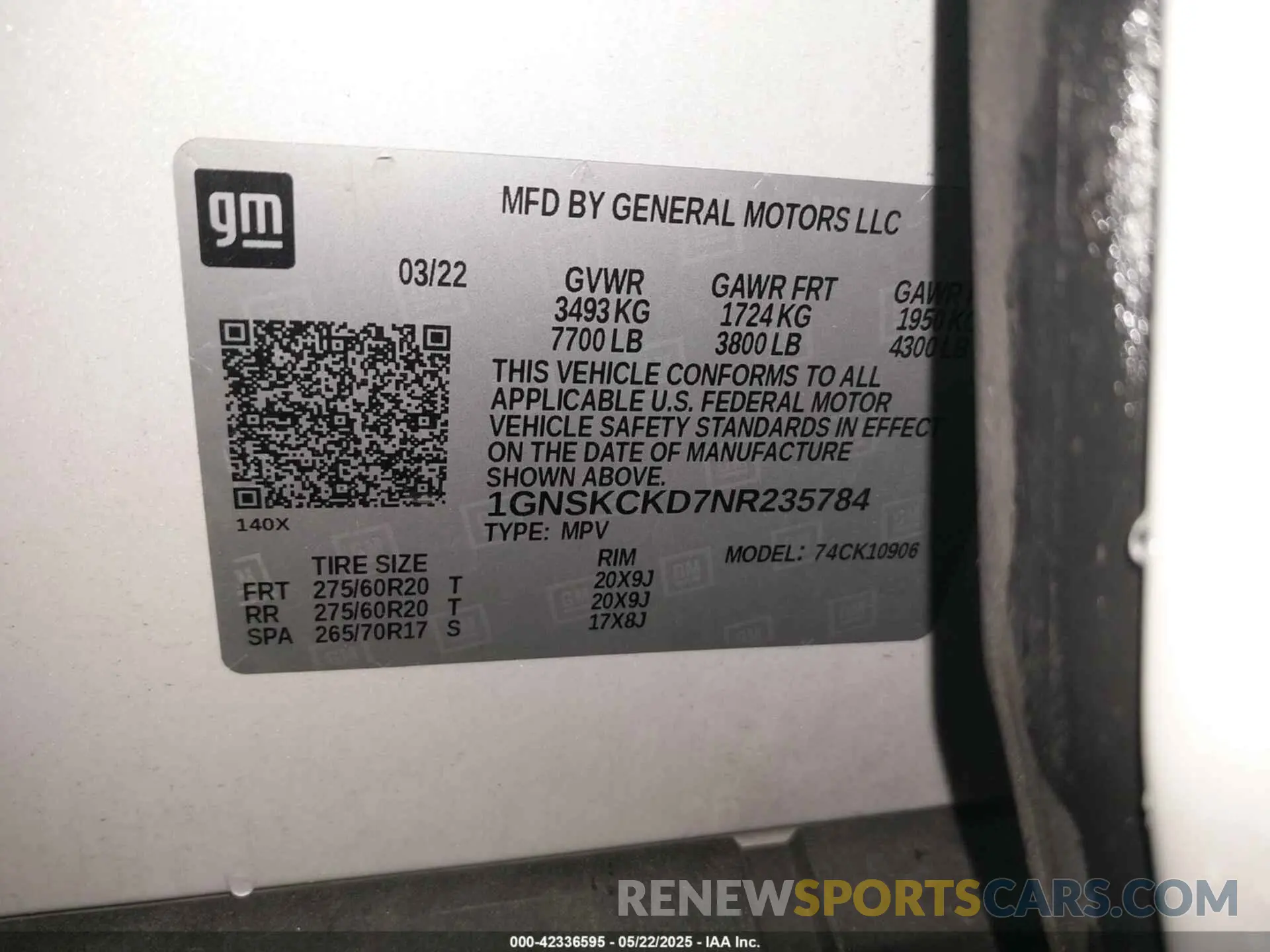 9 fotografías del automóvil dañado 1GNSKCKD7NR235784 CHEVROLET SUBURBAN 2022