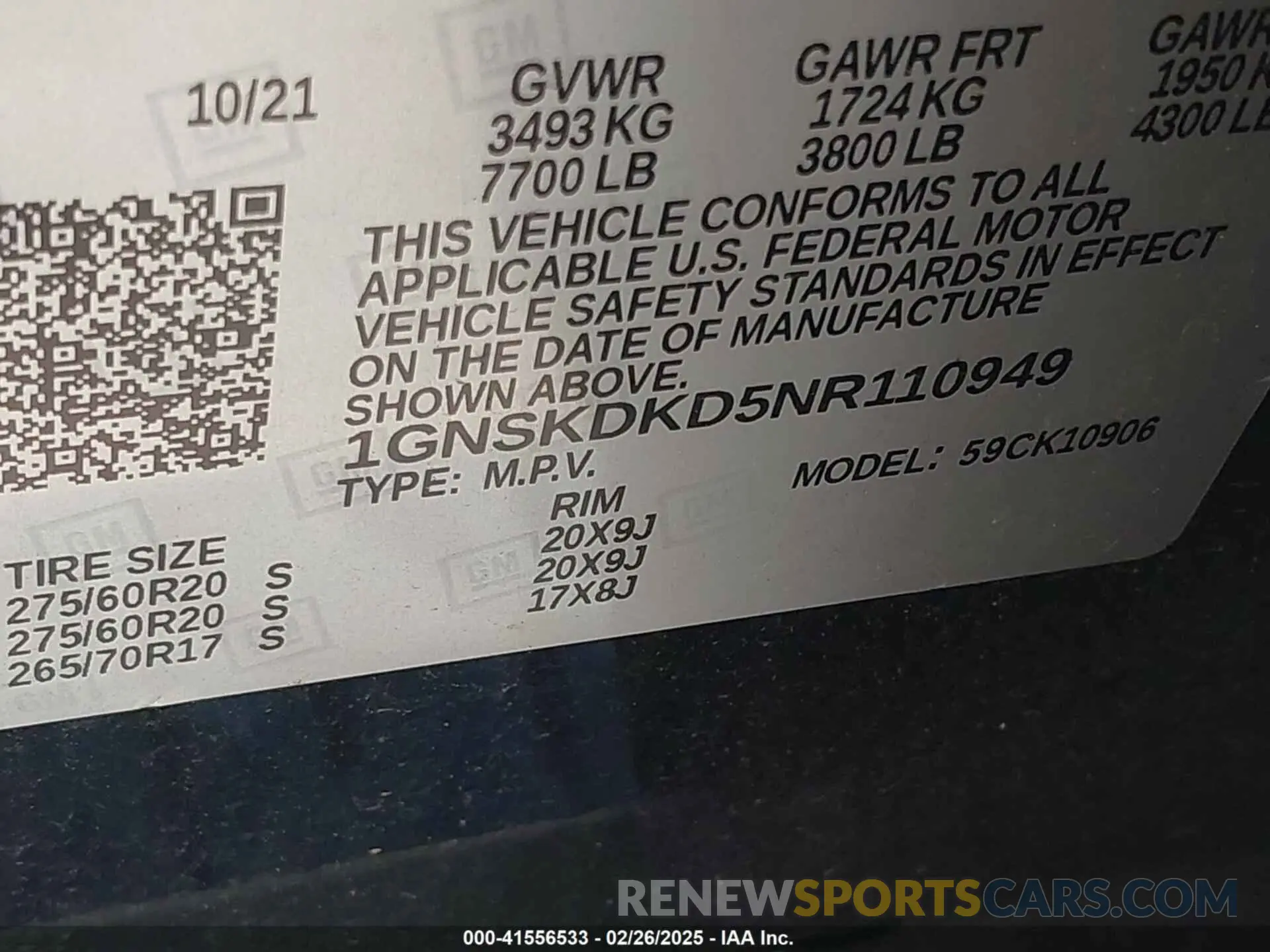 9 fotografías del automóvil dañado 1GNSKDKD5NR110949 CHEVROLET SUBURBAN 2022
