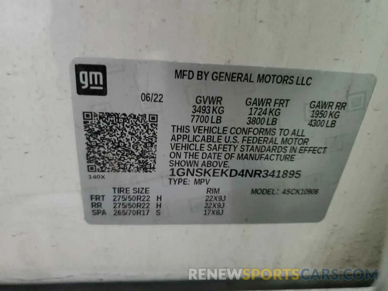 13 fotografías del automóvil dañado 1GNSKEKD4NR341895 CHEVROLET SUBURBAN 2022