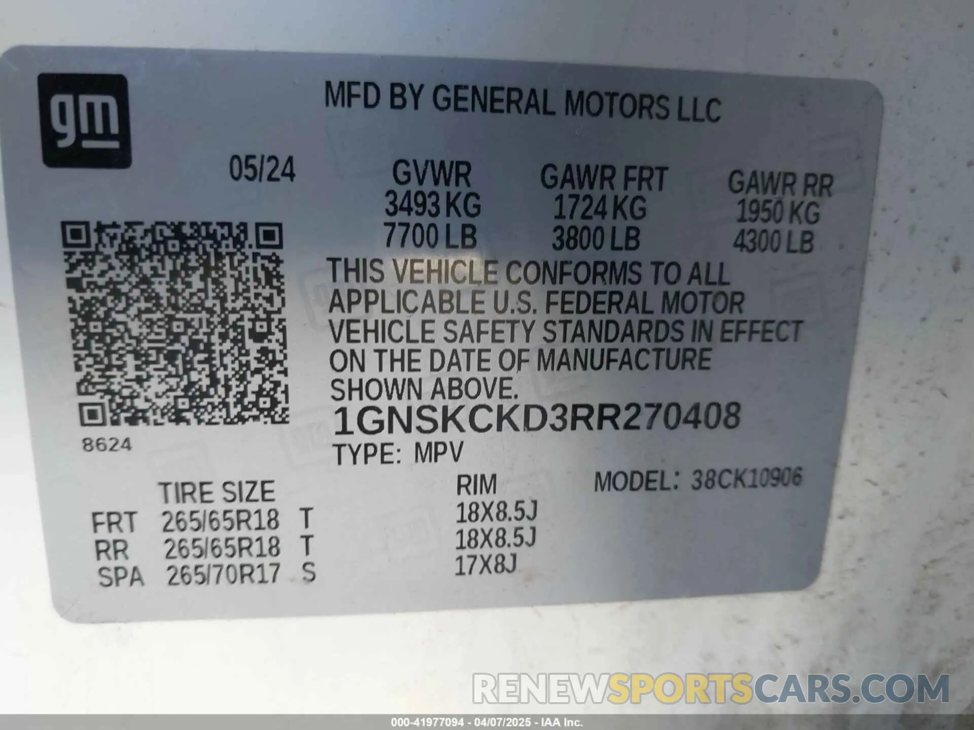 9 fotografías del automóvil dañado 1GNSKCKD3RR270408 CHEVROLET SUBURBAN 2024