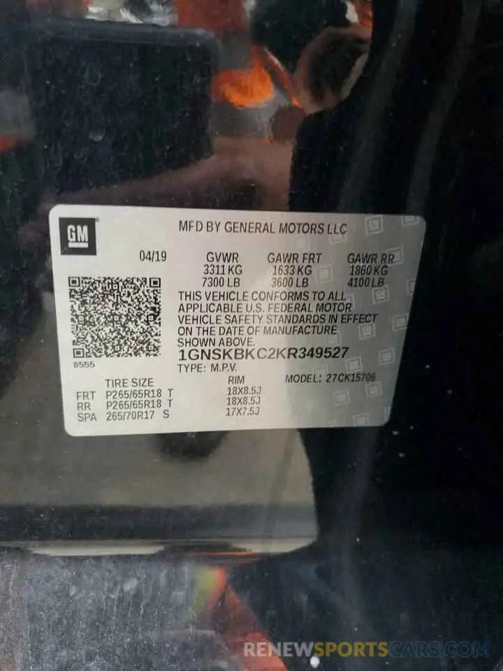 13 fotografías del automóvil dañado 1GNSKBKC2KR349527 CHEVROLET TAHOE 2019