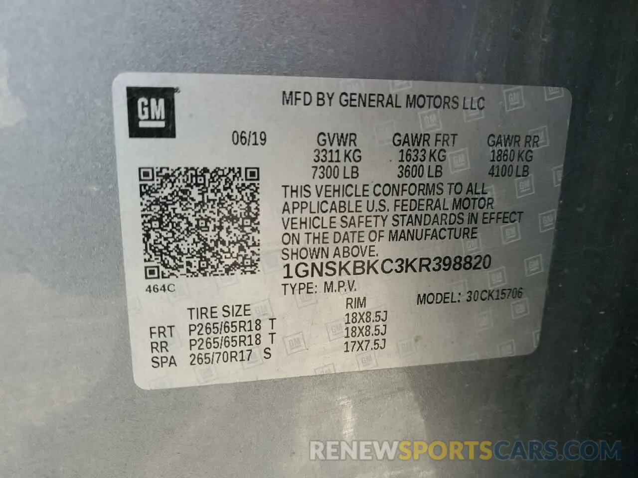 14 fotografías del automóvil dañado 1GNSKBKC3KR398820 CHEVROLET TAHOE 2019