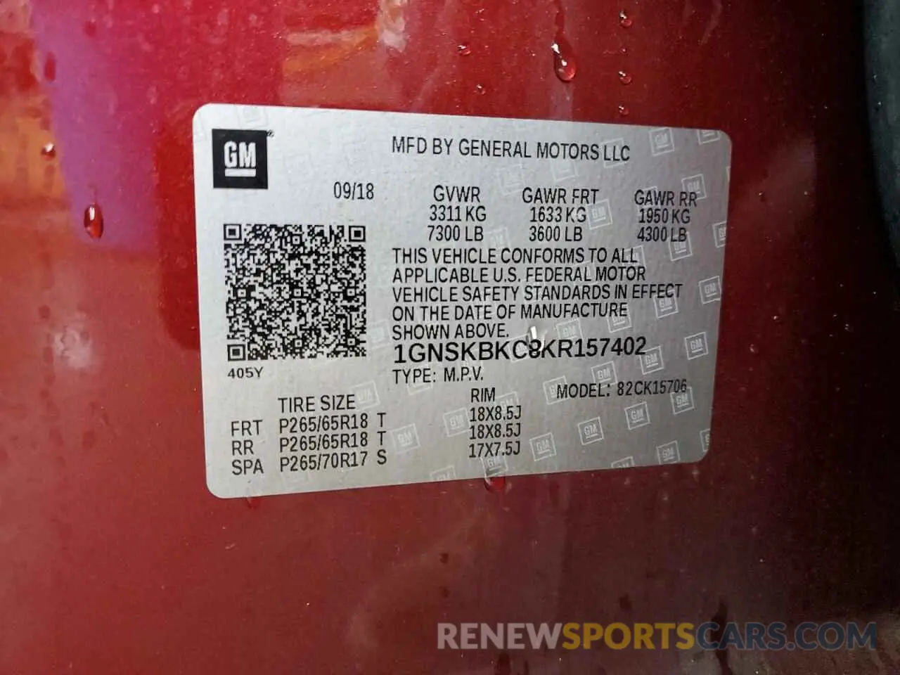 12 fotografías del automóvil dañado 1GNSKBKC8KR157402 CHEVROLET TAHOE 2019